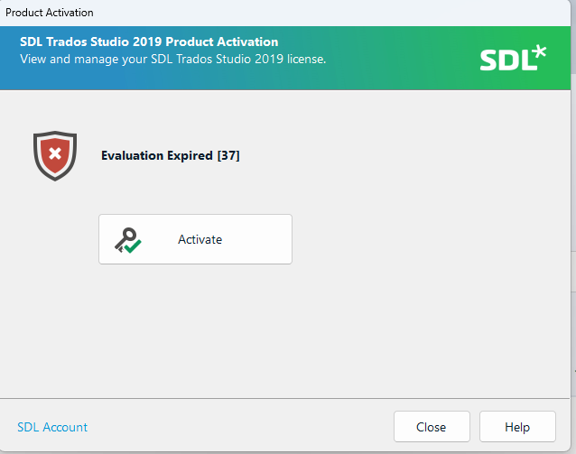 SDL Trados Studio 2019 Product Activation window showing an 'Evaluation Expired 37' error with an 'Activate' button.