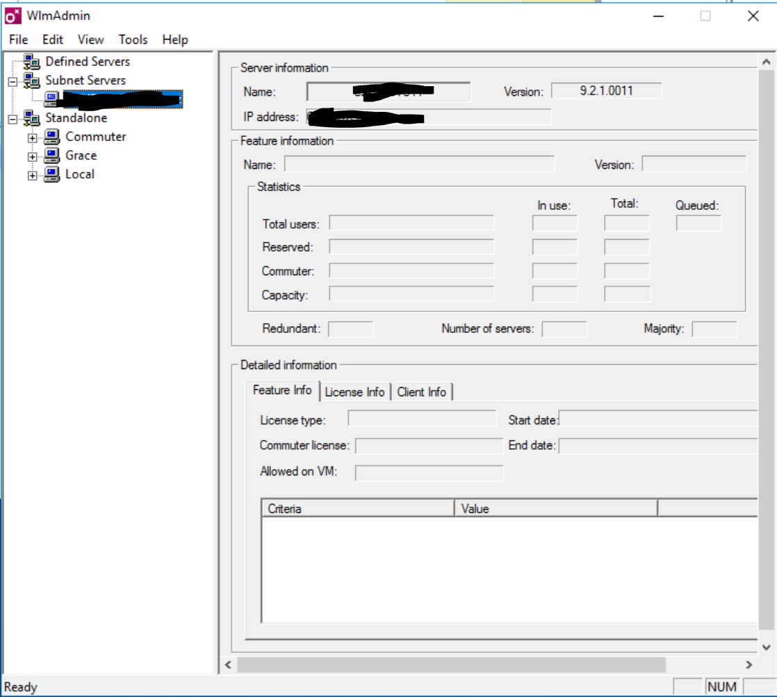 Screenshot of WlmAdmin software showing Subnet Servers list with a server selected. Server information, statistics, and detailed information sections are visible but contain no data.