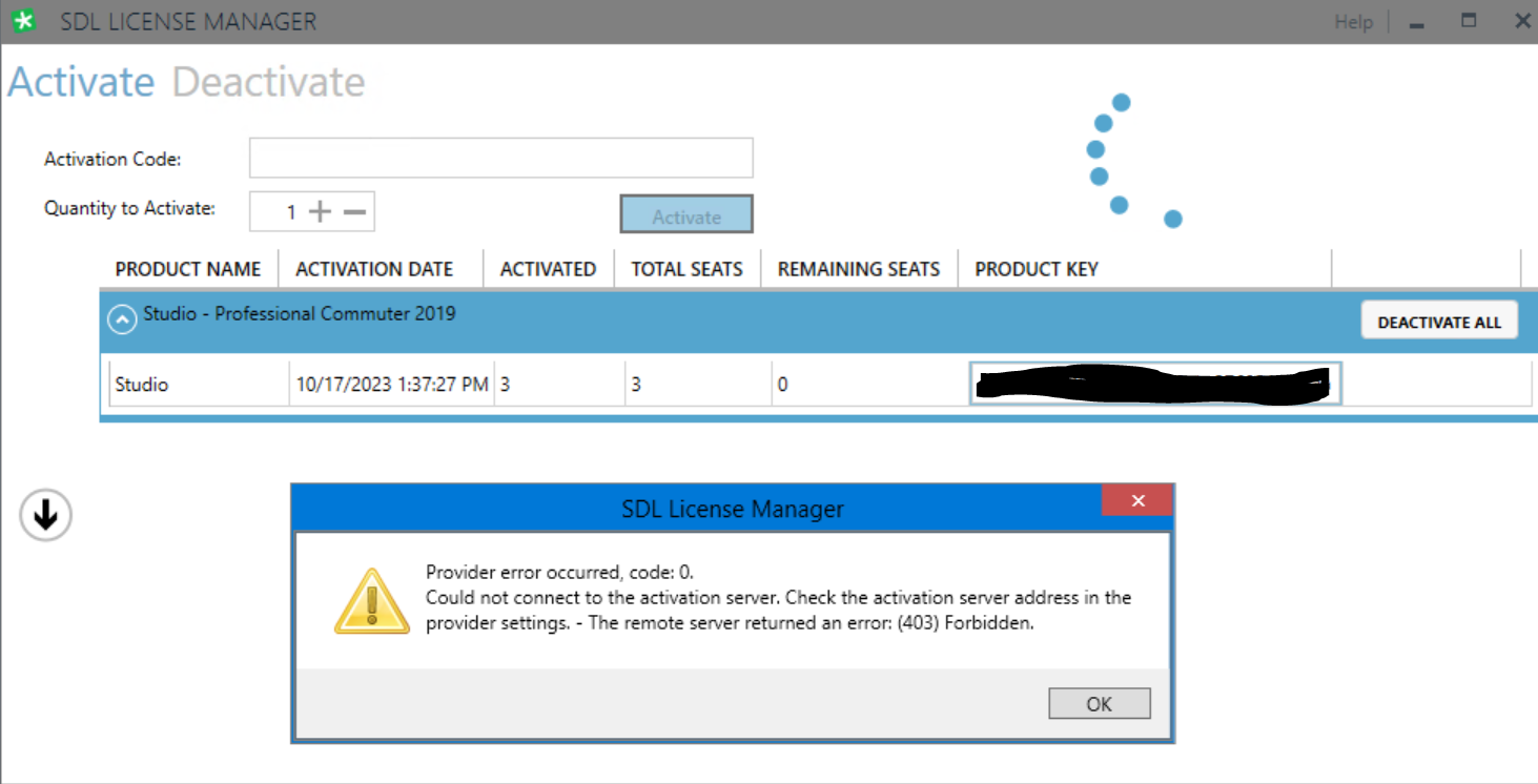 Screenshot of SDL License Manager with an error message. It shows 3 activated licenses for 'Studio - Professional Commuter 2019' with no remaining seats. An error dialog box reads 'Provider error occurred, code: 0. Could not connect to the activation server. (403) Forbidden.'