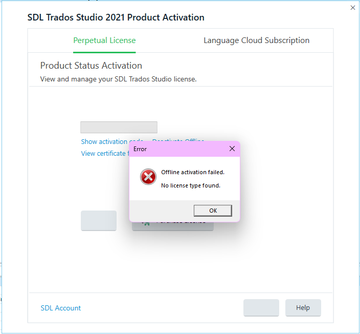 SDL Trados Studio 2021 Product Activation window with an error message popup saying 'Offline activation failed. No license type found.'