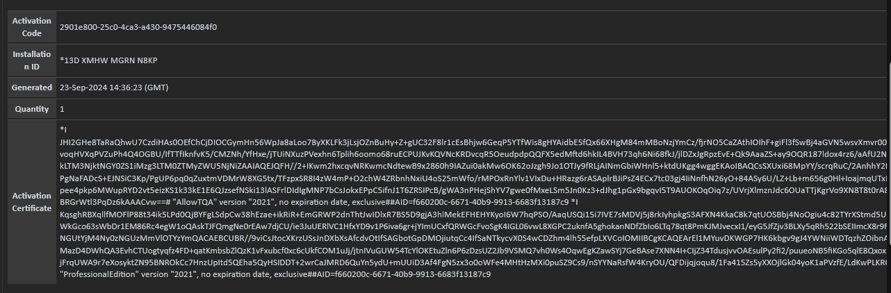 Screenshot of activation code and installation ID fields with a blurred out activation certificate containing alphanumeric characters.