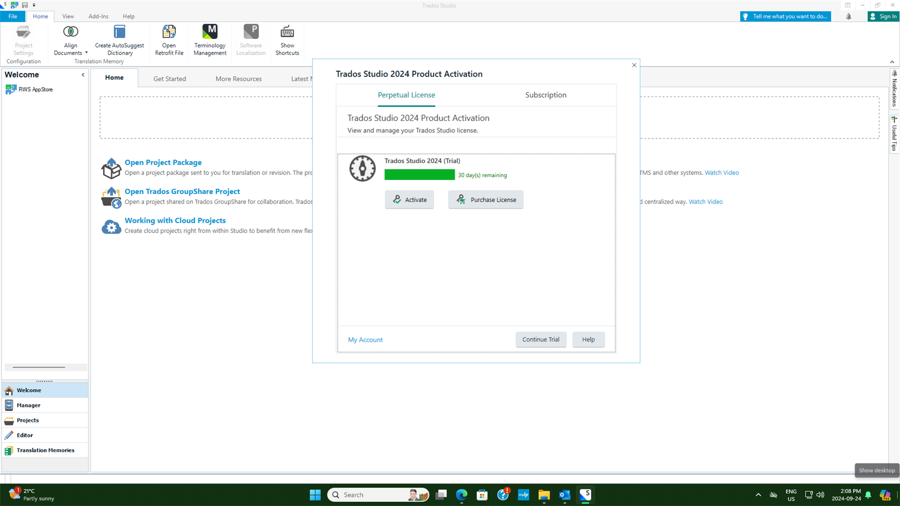 Screenshot of Trados Studio 2024 with Product Activation window open showing a trial version with 30 days remaining. Options to activate or purchase a license are available.