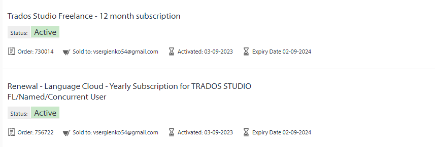 Screenshot showing two active Trados Studio subscriptions. The first is a 12-month Freelance subscription with activation and expiry dates. The second is a yearly Language Cloud subscription with similar dates.