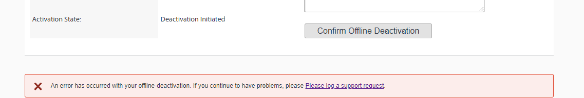 Screenshot showing an error message during offline deactivation process for Trados Studio 2021. The message reads 'An error has occurred with your offline-deactivation. If you continue to have problems, please log a support request.'