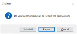 Dialog box asking whether to Uninstall or Repair the application with Uninstall, Repair, and Cancel buttons.