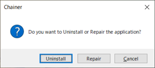 Dialog box asking whether to Uninstall or Repair the application with Uninstall, Repair, and Cancel buttons highlighted.