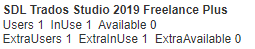 Screenshot showing SDL Trados Studio 2019 Freelance Plus license information with 1 user in use, 0 available, and 1 extra user in use with 0 extra available.