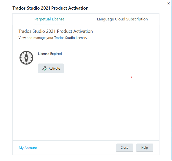 Trados Studio 2021 Product Activation window showing a 'License Expired' message with an 'Activate' button available.