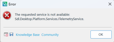 Error dialog box with a red cross icon indicating 'The requested service is not available: Sdl.Desktop.Platform.Services.TelemetryService.' with Knowledge Base and Community buttons at the bottom.