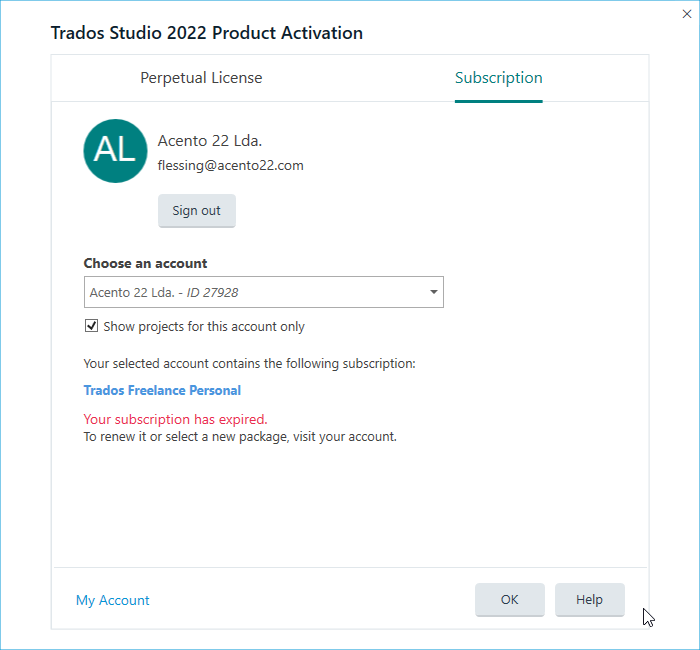 Screenshot of Trados Studio 2022 Product Activation window showing an account under Acento 22 Lda. with an email address. A message indicates that the Trados Freelance Personal subscription has expired.