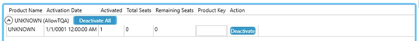 License management table with a row labeled 'UNKNOWN' showing activation date as '110001 12:00:00 AM', 1 activated seat, 0 remaining seats, and a 'Deactivate All' button.