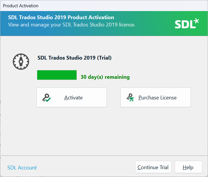 SDL Trados Studio 2019 Product Activation window showing a trial version with 30 days remaining, options to activate, purchase license, continue trial, or get help.