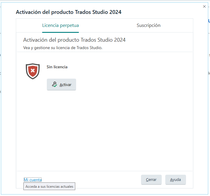 Trados Studio 2024 product activation window showing no license with options to activate and a shield icon with a red cross indicating an issue.