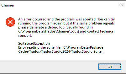 Error dialog from Chainer with a red cross icon indicating an error occurred and the program was aborted. It suggests running the program again or generating a debug log. It shows a SuiteLoadException with a file path for TradosStudio2024 suite file.