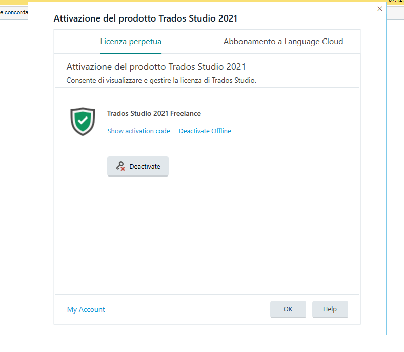 Activation window for Trados Studio 2021 with an option to deactivate the product license.