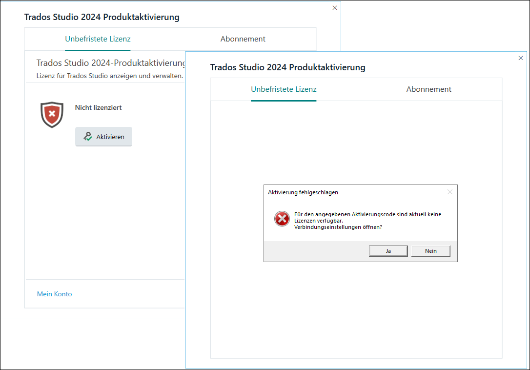 Trados Studio 2024 Product Activation window showing 'Unlimited License' tab selected with a red 'Not licensed' shield icon and an 'Activate' button.