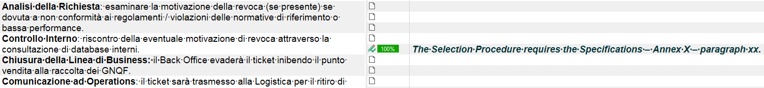 Screenshot of a software interface with text in Italian, checkboxes, and a green checkmark indicating 100% completion. A warning message in English states 'The Selection Procedure requires the Specifications - Annex X - paragraph xx.'