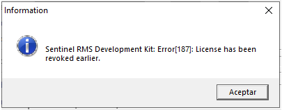 Information dialog box showing 'Sentinel RMS Development Kit: Error18: License has been revoked earlier.' with an Accept button.