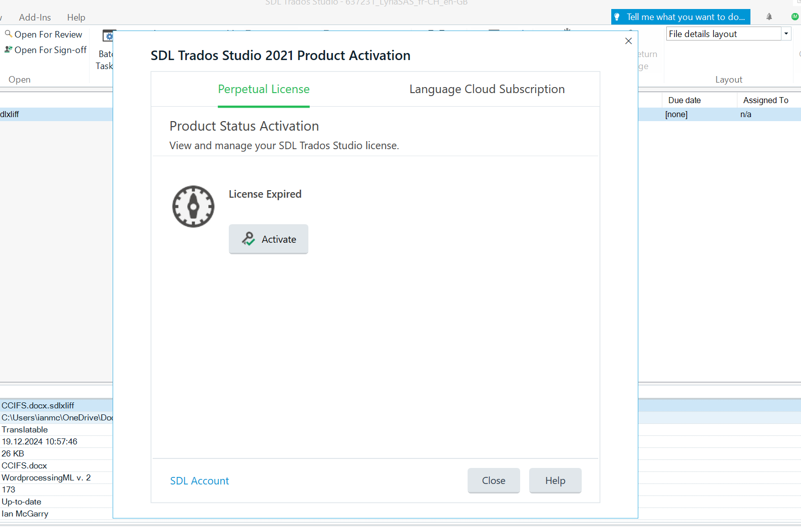 SDL Trados Studio 2021 Product Activation window showing 'License Expired' with an 'Activate' button.