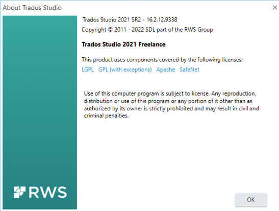 About Trados Studio dialog box showing Trados Studio 2021 SR2 version 16.2.12.9338 with a list of licenses including LGPL, GPL, Apache, and SafeNet.