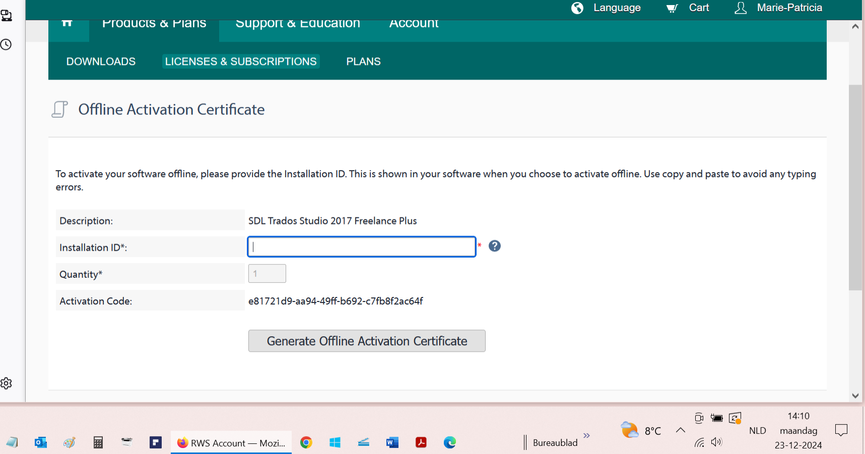 Screenshot of an Offline Activation Certificate page with an empty Installation ID field, a product description for SDL Trados Studio 2017 Freelance Plus, and an activation code provided.