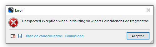 Error dialog box with a red cross icon, displaying the message 'Unexpected exception when initializing view part Coincidencias de fragmentos' with buttons for 'Base de conocimientos', 'Comunidad', and 'Aceptar'.