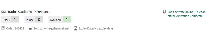 SDL Trados Studio 2019 Freelance license management interface showing 1 user, 0 in use, 1 available, with an order number and email address. A note says 'Can't activate online? - Get an offline Activation Certificate' with no expiry date for the license.