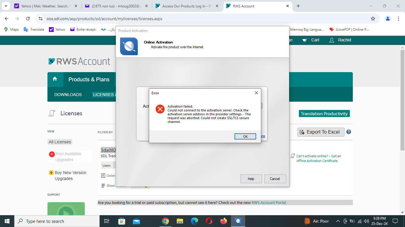 Screenshot of an error message during software activation stating 'Activation failed. Could not connect to the activation server. Check the activation server address in the provider settings. - The request was aborted: Could not create SSLTLS secure channel.'