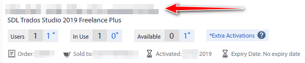 Screenshot of SDL Trados Studio 2019 Freelance Plus license information showing 1 user, 1 in use, 0 available, and 1 extra activation with a red arrow pointing to 'Extra Activations'.