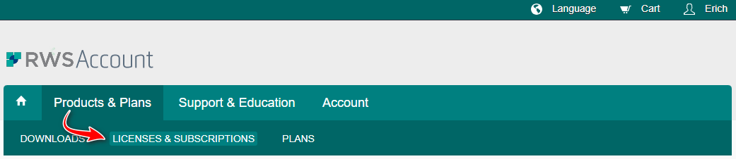 Screenshot of RWS Account webpage highlighting the 'Licenses & Subscriptions' tab under 'Products & Plans' with a red curved arrow pointing to it.