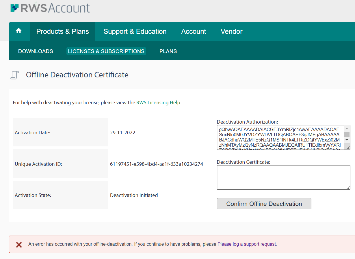 Screenshot of RWS Account page showing Offline Deactivation Certificate with an error message stating 'An error has occurred with your offline-deactivation. If you continue to have problems, please log a support request.' Activation Date, Unique Activation ID, and Activation State fields are visible.