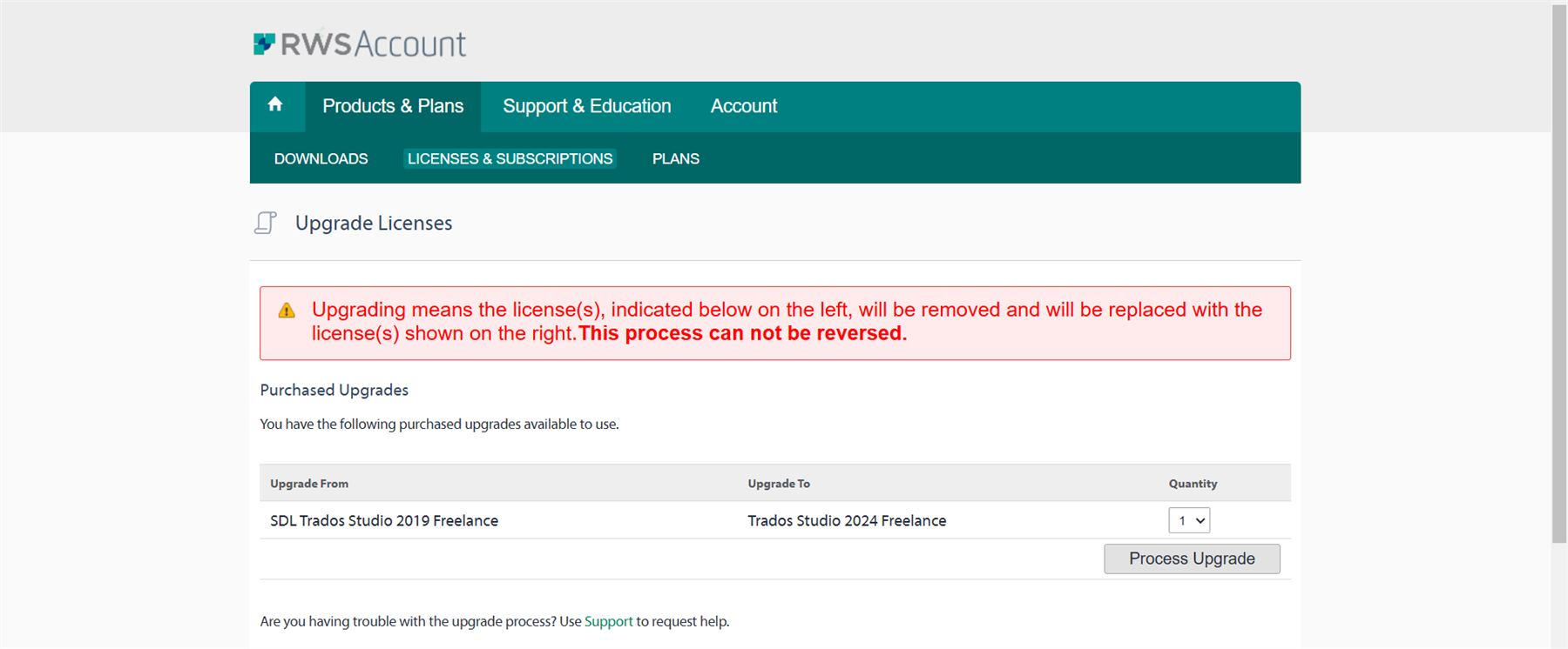 Screenshot of RWS Account Upgrade Licenses page with a warning message about the upgrade process being irreversible, and a table showing an upgrade from SDL Trados Studio 2019 Freelance to Trados Studio 2024 Freelance.