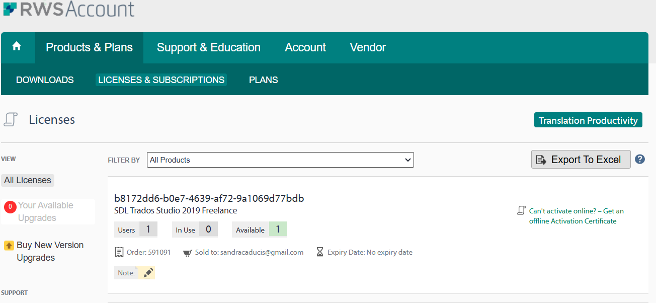 RWS Account Licenses page showing SDL Trados Studio 2019 Freelance with 1 user, 0 in use, and 1 available. Option to get an offline Activation Certificate is visible.