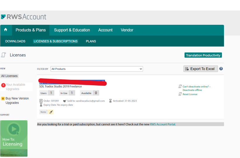 Screenshot of RWS Account page showing SDL Trados Studio 2019 Freelance license with 1 user in use, 0 available, and options to export to Excel, deactivate offline, and reset license.