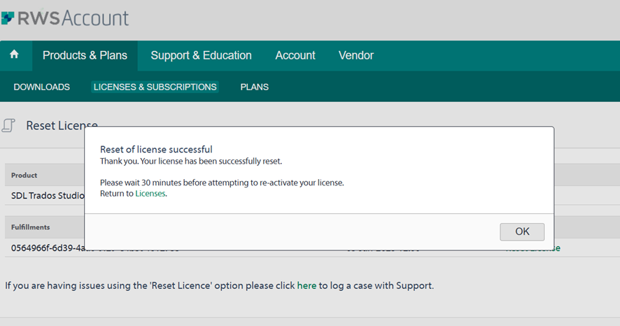 Notification on RWS Account page indicating 'Reset of license successful' for SDL Trados Studio with a request to wait 30 minutes before re-activating the license.