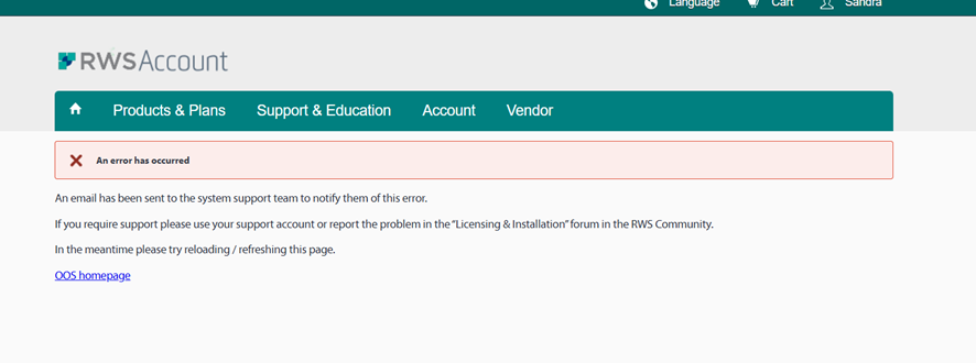 Error message on RWS Account page stating 'An error has occurred' with instructions to reload the page and a note that an email has been sent to the system support team.