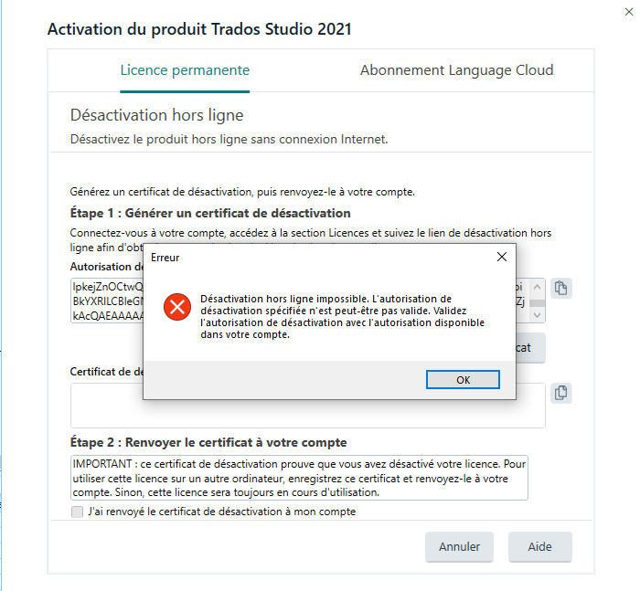 Error message in Trados Studio 2021 product activation window. It reads 'Offline deactivation impossible. The specified deactivation authorization may not be valid. Validate the deactivation authorization with the authorization available in your account.' with an OK button.