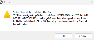 Error message during software setup indicating that the file 'VCRedist x86.exe' has changed since it was initially published, with options to retry the download or cancel the setup.