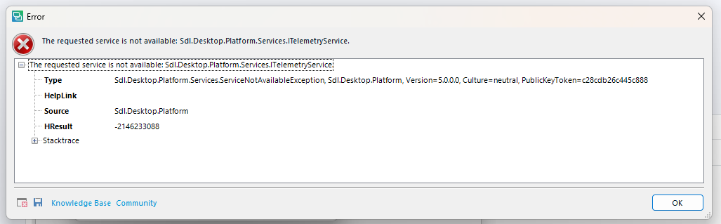 Error dialog box displaying a service not available message for 'Sdl.Desktop.Platform.Services.ITelemetryService'. It includes a Type, HelpLink, Source, HRESULT, and Stacktrace with details about the service and exception.