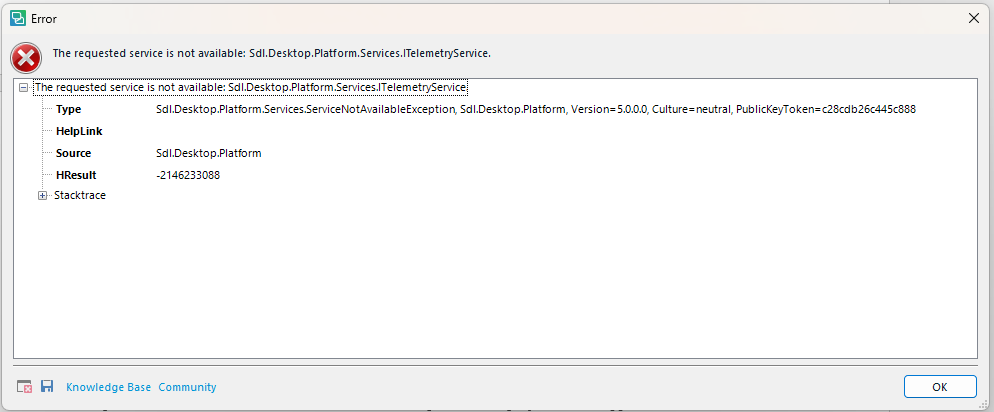 Error dialog box with a red cross icon stating 'The requested service is not available: Sdl.Desktop.Platform.Services.ITelemetryService'.