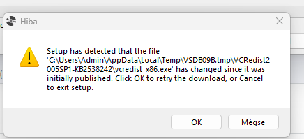 Error message during software installation stating 'Setup has detected that the file C:UsersAdminAppDataLocalTempVSD9B09.tmpVCRedist2005SP1-KB2538242vcredist_x86.exe has changed since it was initially published. Click OK to retry the download, or Cancel to exit setup.' with OK and Cancel buttons.