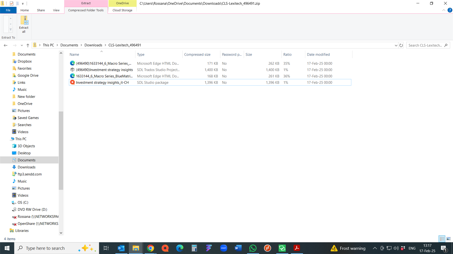 Screenshot of a Windows file explorer window showing contents of a compressed folder named 'CLS-Lexitech_496491.zip' with files including two Microsoft Edge HTML documents and an SDL Trados Studio package file named 'Investment strategy insights_it-CH'.