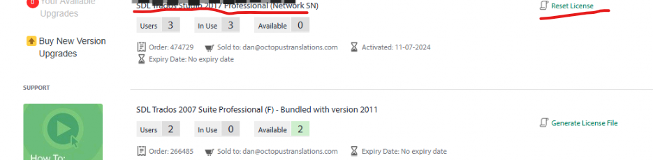 SDL Trados license management webpage showing two products. The first, 'SDL Trados Studio 2017 Professional (Network SN),' shows 3 users, all in use, and no available licenses. The second, 'SDL Trados 2007 Suite Professional,' shows 2 available licenses.