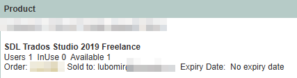 Screenshot showing SDL Trados Studio 2019 Freelance product details with 1 user, 0 in use, 1 available, sold to a user, and no expiry date.