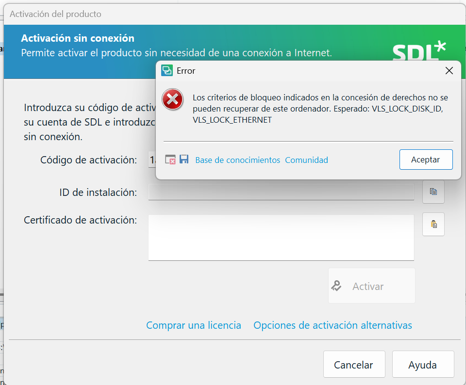 Error message in SDL Trados Studio activation window stating: Locking criteria indicated in the right granting can't be retrieved from this computer: VLS_LOCK_DISK_ID, VLS_LOCK_ETHERNET.