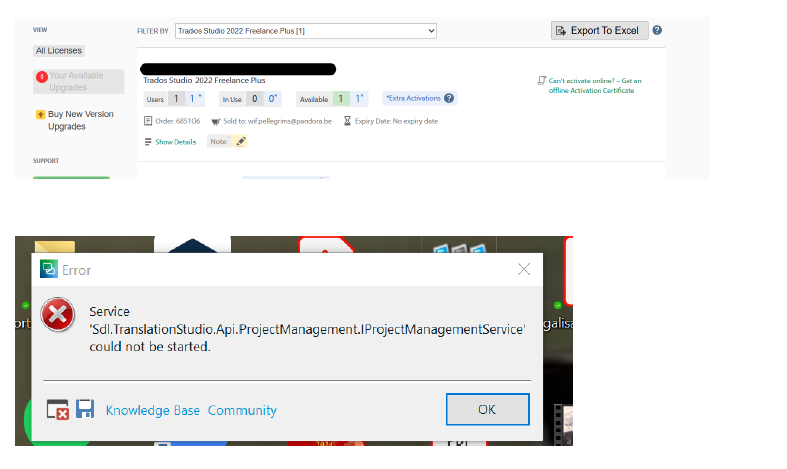 Screenshot of a licensing management interface with an error dialog box in the foreground. The error reads 'Service 'Sdl.TranslationStudio.Api.ProjectManagement.IProjectManagementService' could not be started.'