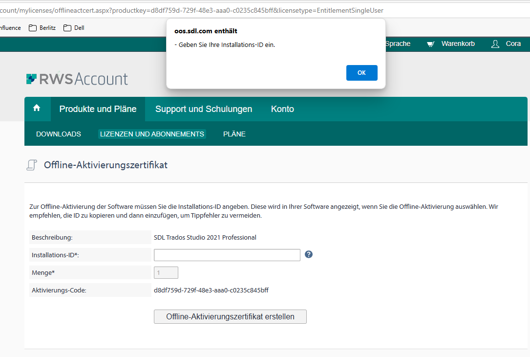 Screenshot of an 'Offline Activation Certificate' page on oos.sdl.com with a pop-up message prompting to enter an Installation ID. The page includes fields for the product description, Installation ID, quantity, and activation code.