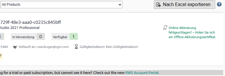 Screenshot of a software licensing page showing one available license for 'Studio 2021 Professional' with a note suggesting to get an offline activation certificate if online activation fails.