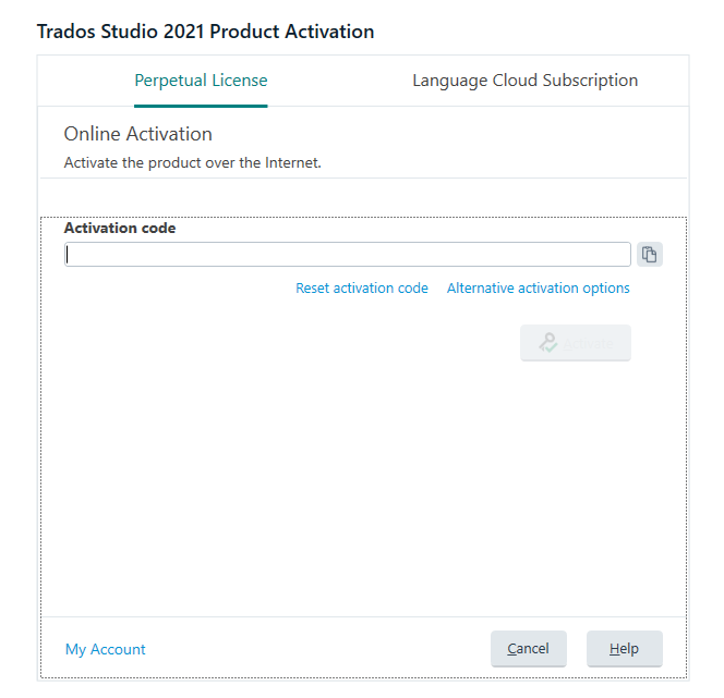 Screenshot of Trados Studio 2021 Product Activation window with Perpetual License tab selected, showing an empty Activation code field and options to reset activation code, alternative activation options, and an Activate button.