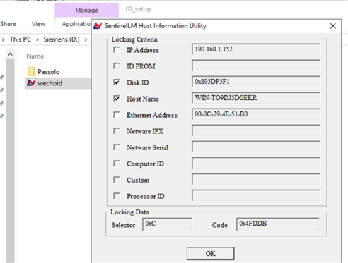 Sentinel LM Host Information Utility window showing locking criteria with IP Address, Disk ID, Host Name, Ethernet Address, and a generated Locking Code.
